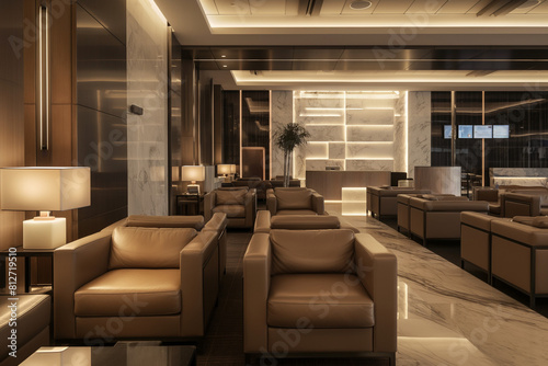 interior of a hotel, Step into the lap of luxury with this image of a modern airport lounge, where opulent furnishings and sleek design elements create an atmosphere of sophistication and comfort