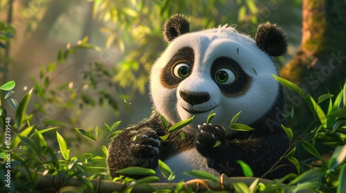 A panda bear sitting in the middle of a forest. Suitable for nature and wildlife concepts