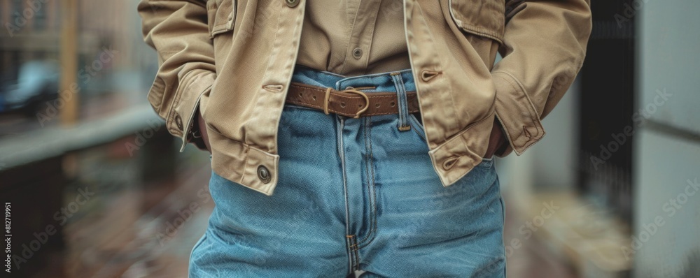 a beige jacket and jeans with the tassle belt on the background
