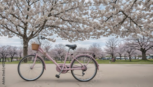 Spring Serenity: Bicycle and Cherry Blossoms, Hand Edited Generative AI © Memu