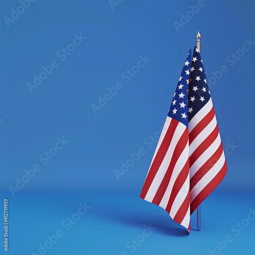 Rich blue background showcases a patriotic Memorial Day display with an American flag.
