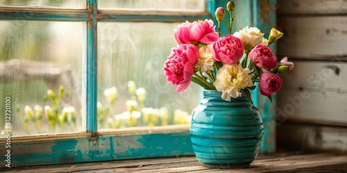 A bouquet of peony and carnation flowers, placed in a turquoise ceramic vase, on a wooden surface, near an open window