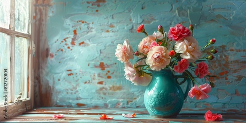 A bouquet of peony and carnation flowers, placed in a turquoise ceramic vase, on a wooden surface, near an open window