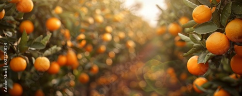A citrus grove, with rows of orange and lemon trees stretching into the distance