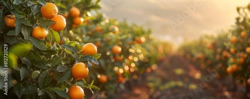 Obraz  z motywem A citrus grove, with rows of orange and lemon trees stretching into the distance