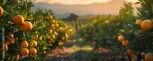 Obraz  z motywem A citrus grove, with rows of orange and lemon trees stretching into the distance