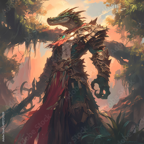 A majestic dragon warrior exudes power and valor in an enchanted forest. This fantasy creature's armor is as formidable as its presence, making it a captivating centerpiece for any medieval or photo