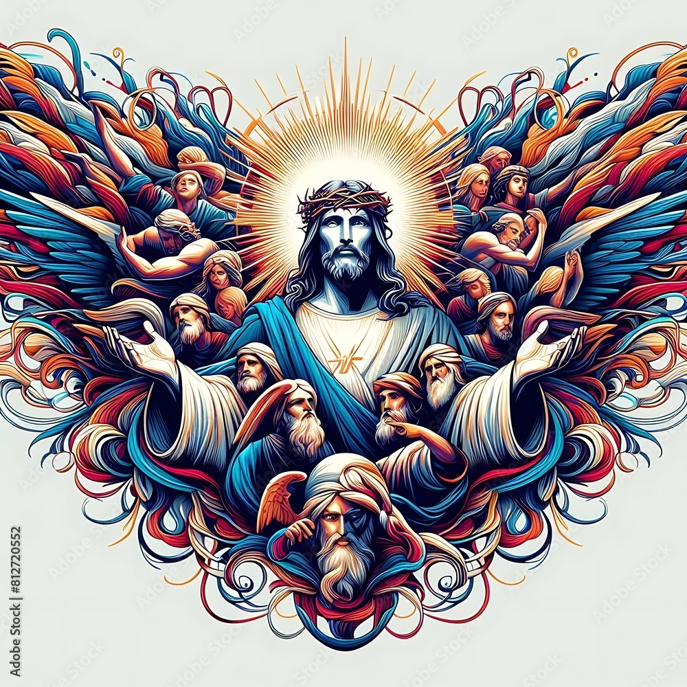 A colorful art of a jesus christ with a crown of thorns surrounded by people realistic photo used for printing illustrator. A colorful art of a jesus christ with a crown of thorns surrounded by people realistic photo used for printing illustrator.