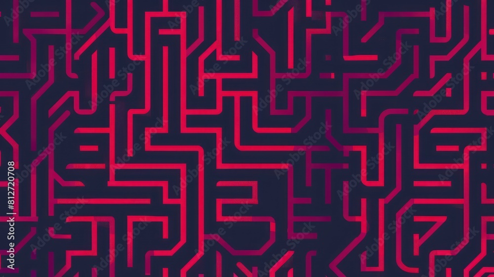 An intricate maze-like pattern with red and blue lines creating a complex labyrinth design, evoking challenge and problem-solving