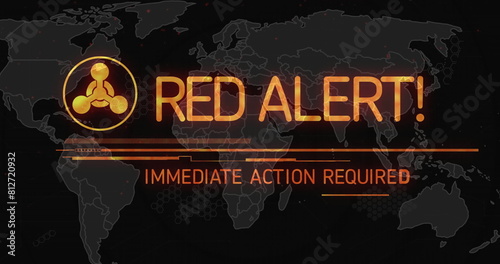 Image of abstract warning symbol  red alert immediate action required text over map