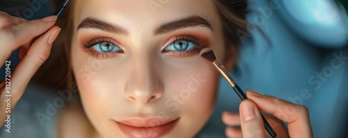 A makeup artist is applying eyeshadow on a young beautiful woman