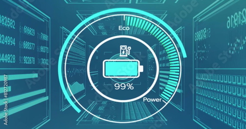 Image of icon, texts in speedometer with changing numbers over blue background