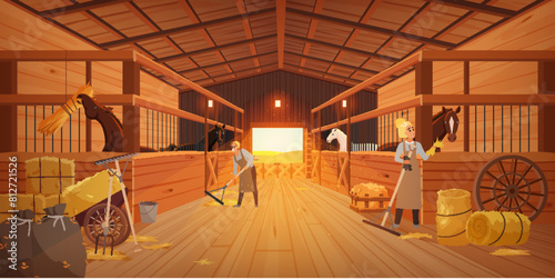 A couple of farm workers stand in a barn aisle with stalls and gates, surrounded by wood sheds for cows and horses and hay stacks, in a cartoon vector illustration.