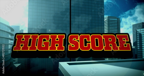 Image of red text high score, over explosion and cityscape