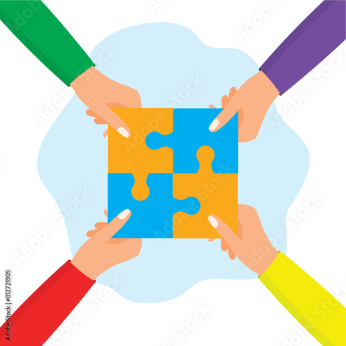 four hands each holding multicolored puzzle pieces and putting them together.illustration of the concept of teamwork, teamwork, unity.flat style vector illustration