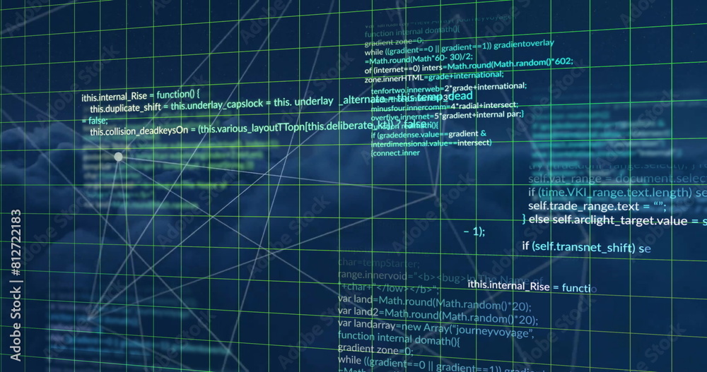 Fototapeta premium Image of connected dots and computer language with grid pattern over abstract background