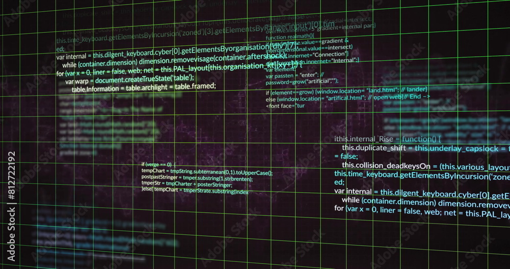 Fototapeta premium Image of grid pattern and computer language over black background