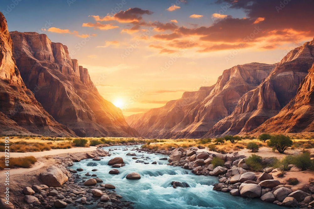 View of canyon and calm river, banner with copy space View of canyon and calm river, banner with copy space