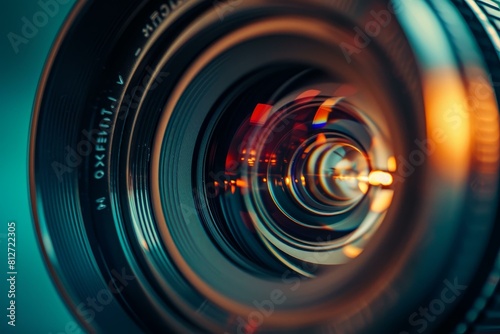 Macro shot featuring the details and reflective light within a camera lens