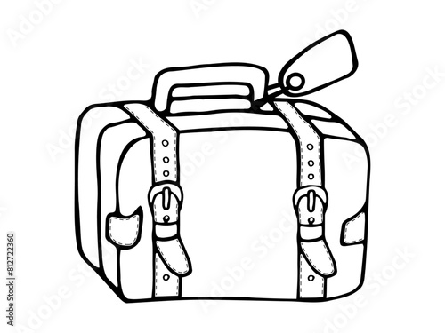 Retro suitcase of a traveler. Vector vintage travel bag for summer vacation travel. Hand drawn vector doodle in line style.