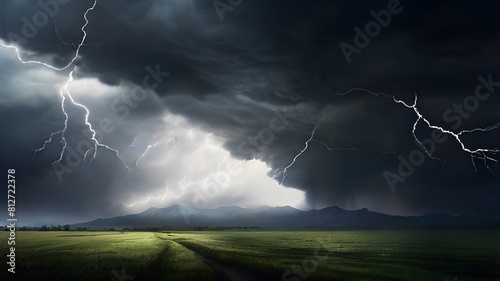  A dramatic storm brewing on the horizon, with dark clouds roiling and lightning flashing across the sky photo