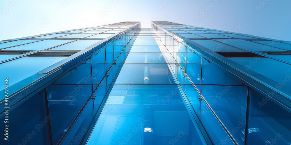Obraz premium Low angle shot of blue glass building on blue sky background