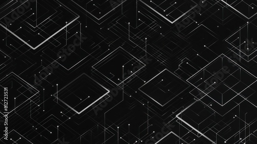 A monochrome image with layered geometric figures and subtle white dot connections, depicting a digital or technological theme