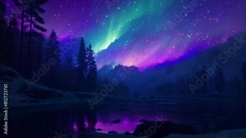 Northern lights or Aurora borealis in the sky. Landscape with aurora, sky, forest, river, reflection in water