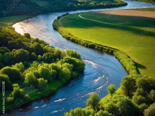 Idyllic River Landscape, Aerial Vista of Flowing Waters and Verdant Banks