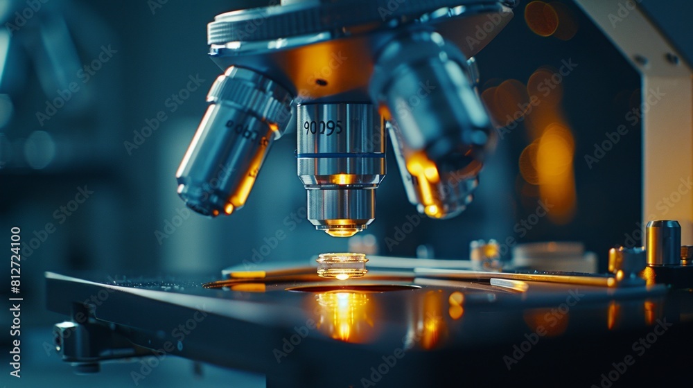 Detailed shot of an old microscope's optics and stage against a cool blue backdrop.
