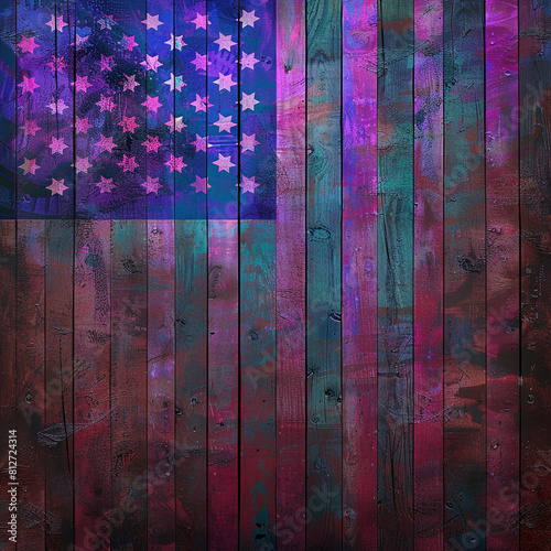 Memorial Day saturated flag on aged wood with deep purple and blue hues.