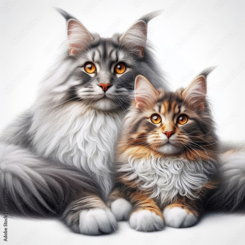 A cat and a cat lying together realistic photo attractive lively illustrator.