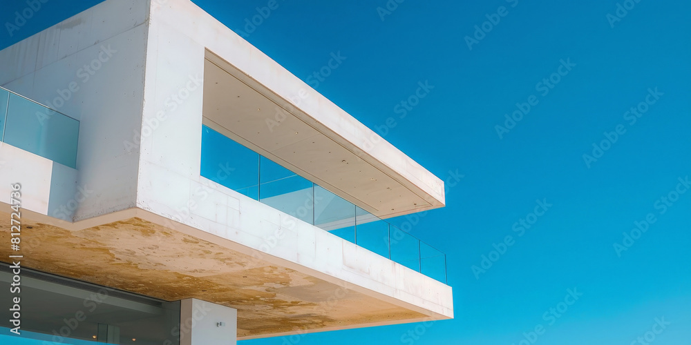 Fototapeta premium white balconies on an apartment building against a clear blue sky, 