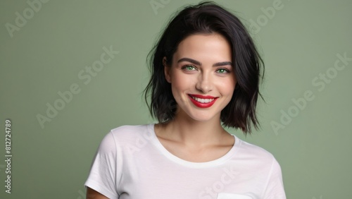 Portrait of a beautiful smiling fashion model woman with a short black colored hairstyle and makeup wearing a white t-shirt. indoor studio shot, looking at camera