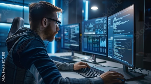 A man works as an operator specialist in a computer data center in front of many monitors with charts and data