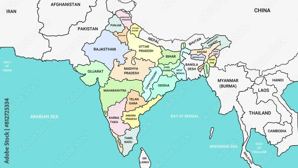 India map with all provinces black line art 2d animation, india territory or states outline drawing with neighbor countries geography animated video