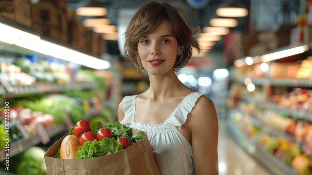 Woman Holding Groceries in Supermarket