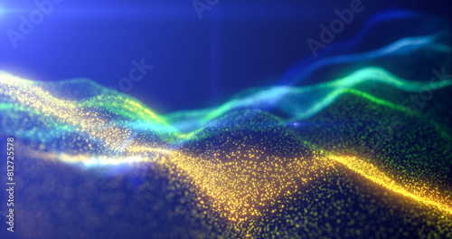 Rainbow energy glowing magic waves from particles of lines with light rays. Abstract background