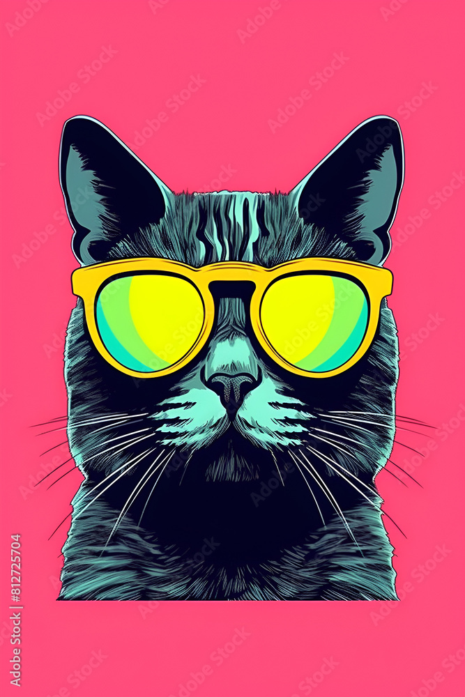 Cat with sunglasses in vibrant pink, yellow and blue colors
