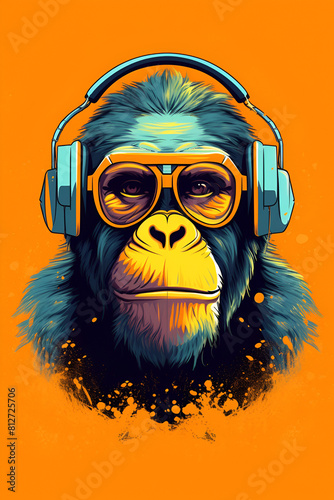 Gorilla with headphones and sunglasses on orange background
