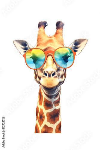 Giraffe with sunglasses on white background