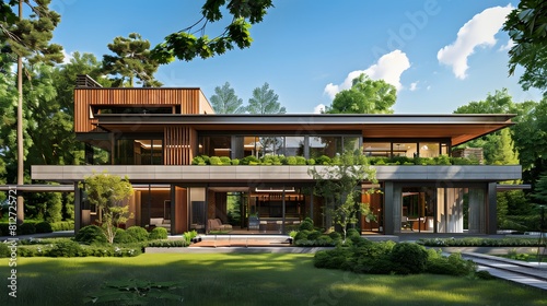 3D rendering of a large modern contemporary house in wood and concrete © asma