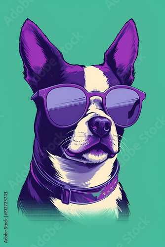 Funny dog with sunglasses on green background