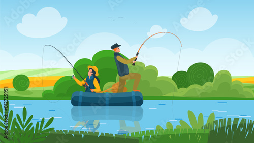 Fisherman family sail on inflatable boat along pond in summer landscape, man and woman catch fish with fishing rods. River or lake cute scene with leisure of anglers cartoon vector illustration