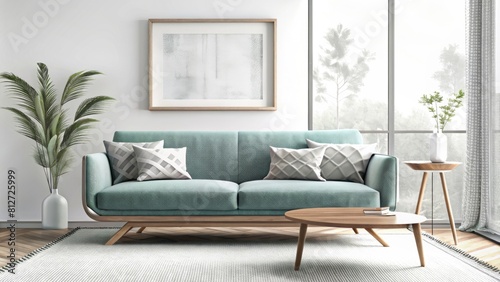 Photo of a modern living room interior with a turquoise sofa and wooden coffee table near a window against a white wall  a mockup for a product presentation.