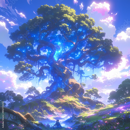 Illustrated Otherworldly Tree-topped Mountain in Fantasy Setting with Dreamlike Haze and Mystical Blue Aura