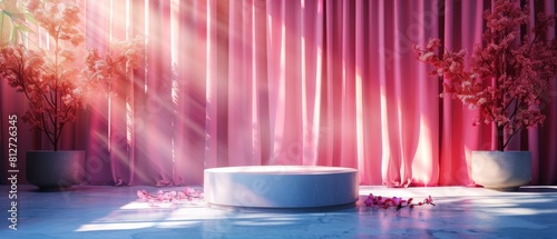 A pink curtain with a white pedestal in the middle