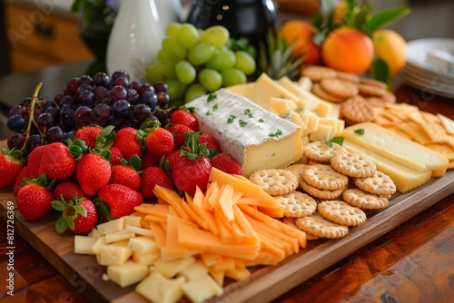 Culinary Creations: Artisanal Cheese Platter with Assorted Crackers and Fruits photo