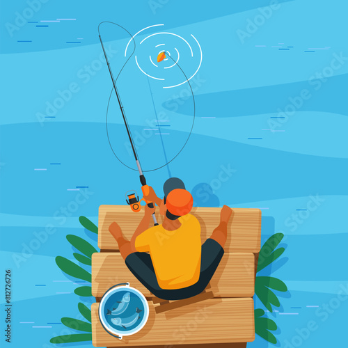 Fisherman catching fish in water from wooden pier, top view of summer activity. Young man in cap sitting with fishing rod to fish in river, lake or pond of nature park cartoon vector illustration