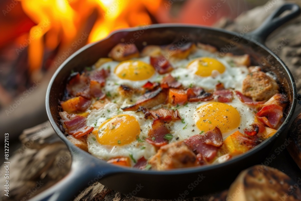 Close-up view of a hearty skillet breakfast cooked over an open flame, featuring eggs, bacon, and potatoes Close-up view of a hearty skillet breakfast cooked over an open flame, featuring eggs, bacon, and potatoes